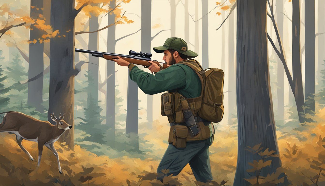 A hunter with a muzzleloader in a forest, aiming at a deer