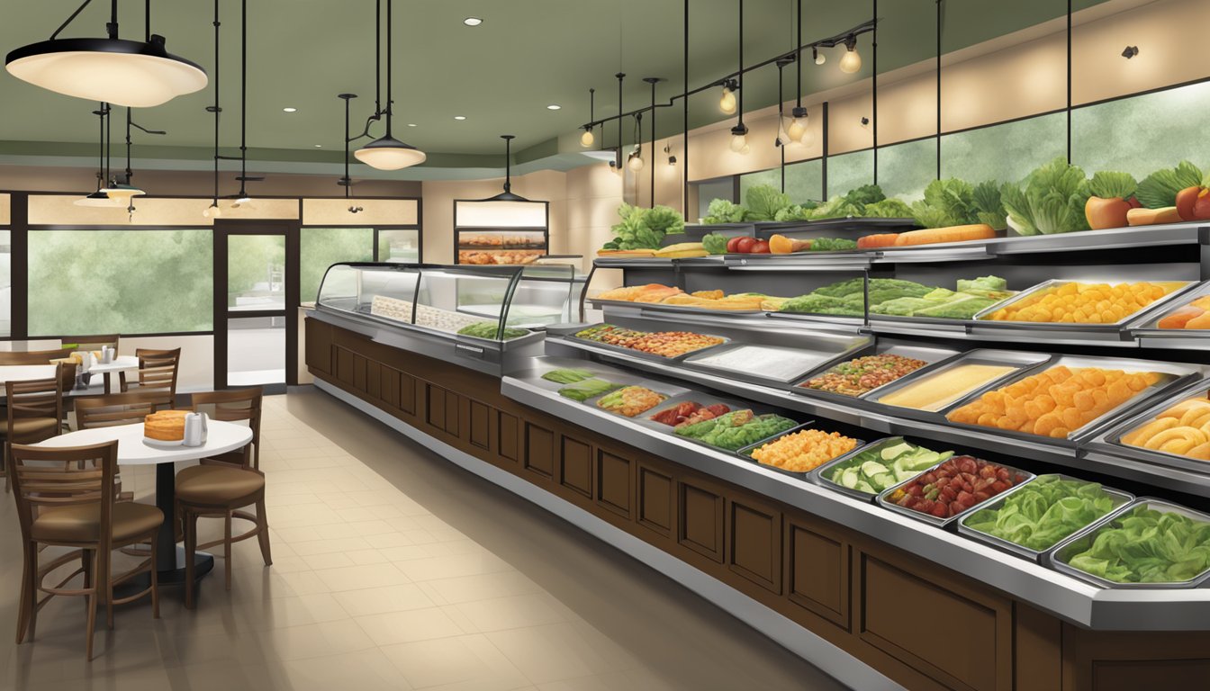 A corner bakery display features a variety of healthy lunch and dinner options, including salads, sandwiches, and fresh fruit