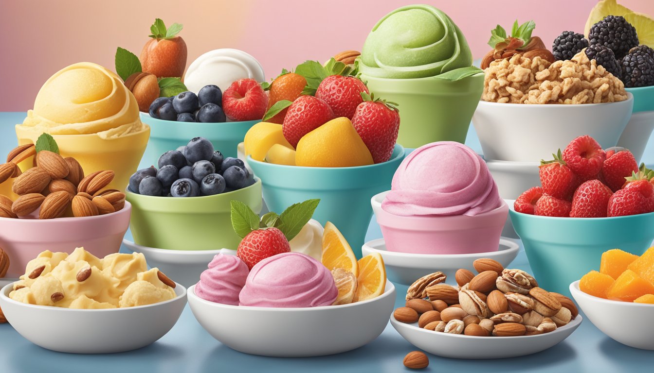 A colorful display of fresh fruits, nuts, and dairy-free toppings arranged next to a selection of low-sugar ice creams at a Cold Stone Creamery