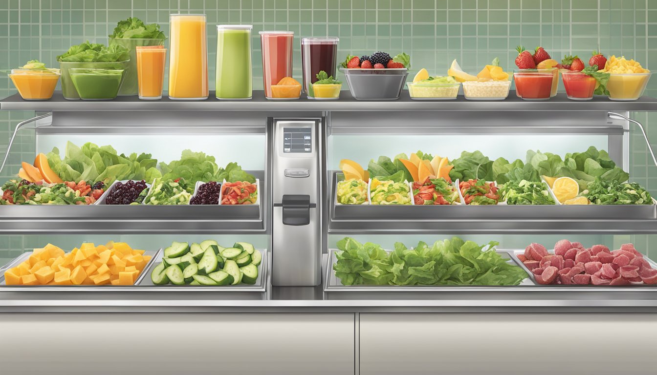 A selection of fresh salads, fruit cups, and smoothies displayed on a clean, modern counter at a corner bakery