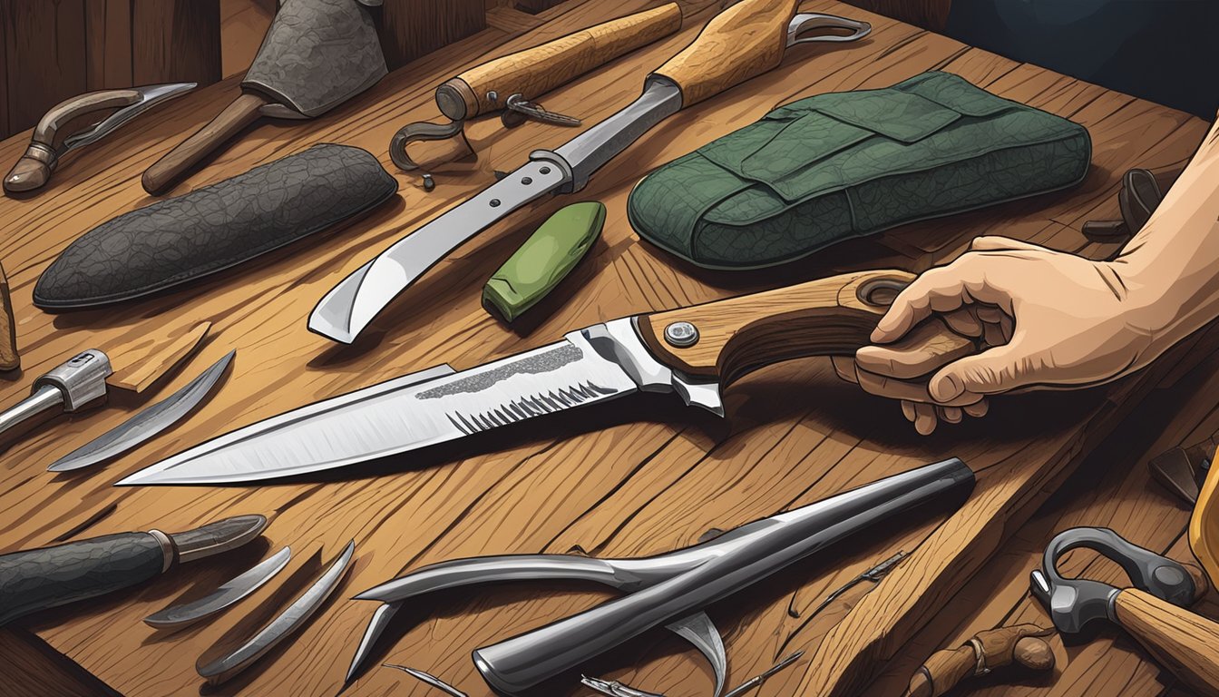 A hand reaching for a sturdy, curved knife among a selection of hunting tools on a wooden table