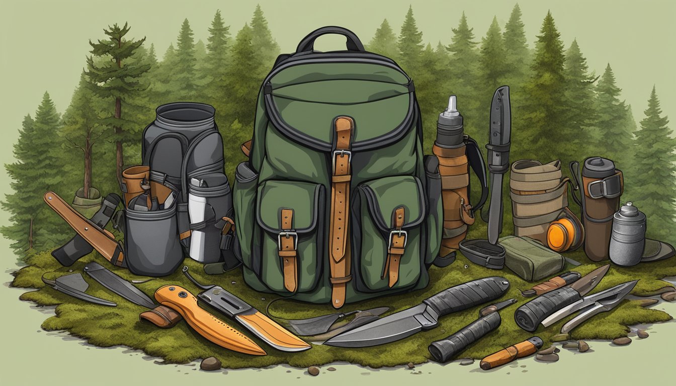 A hunter's backpack open, revealing a set of well-maintained hunting knives and accessories laid out on a mossy forest floor