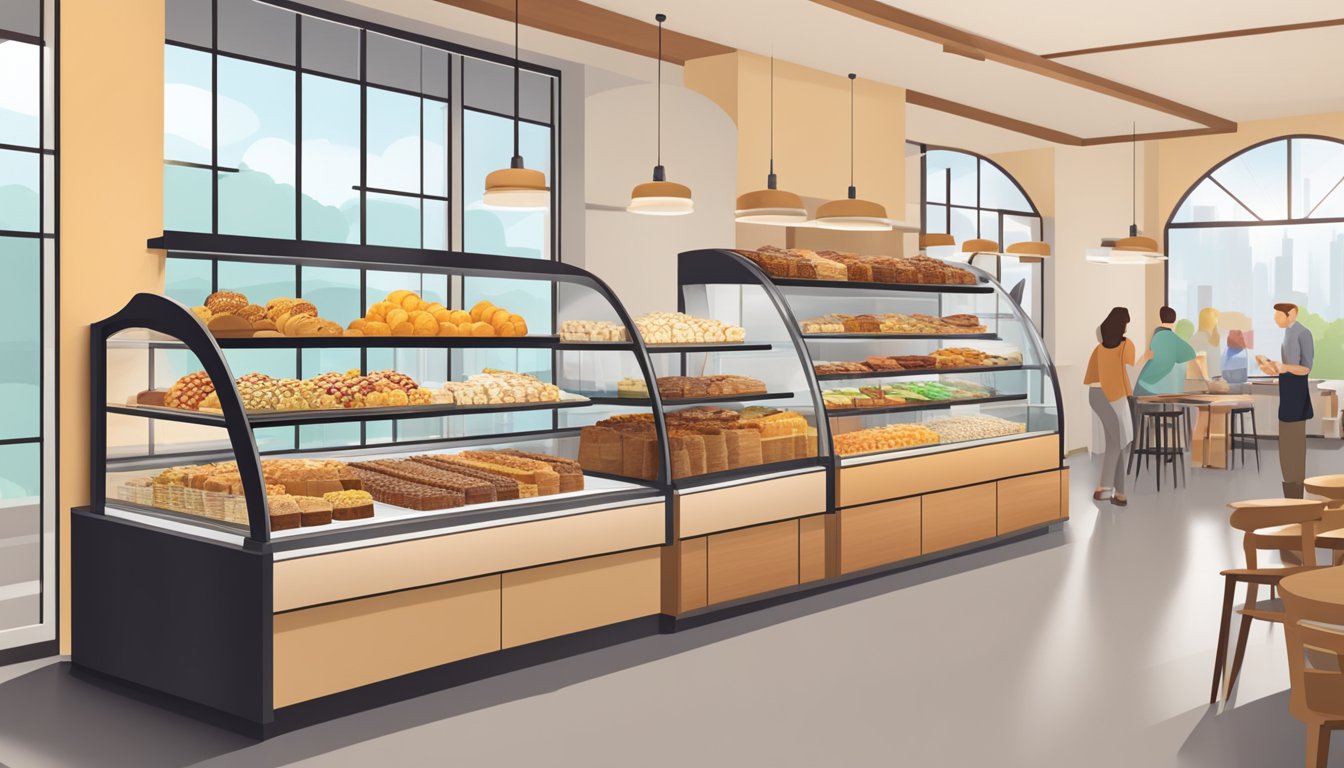 A bakery display showcases a variety of smart snacking and dessert options, including fresh fruit, granola bars, and low-sugar pastries