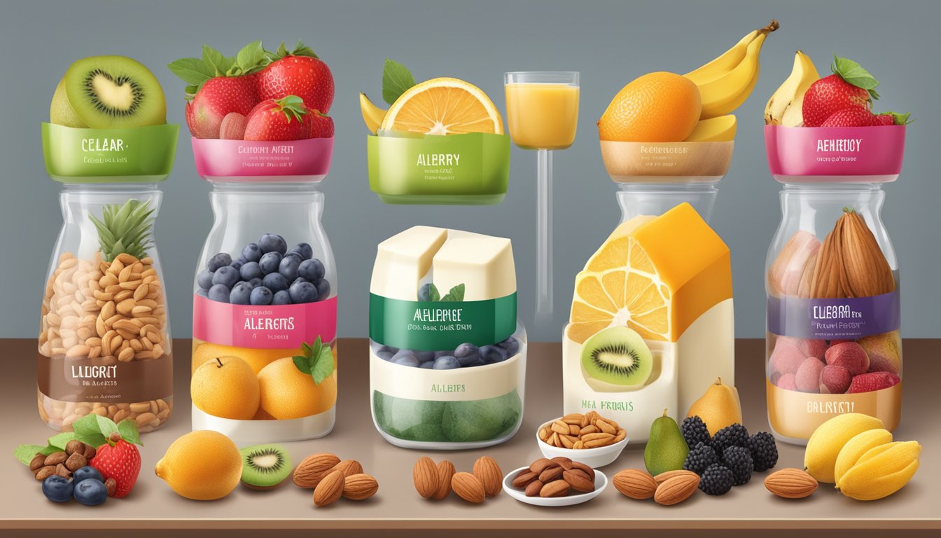 A colorful display of fresh fruits, nuts, and dairy-free options with clear allergen labels