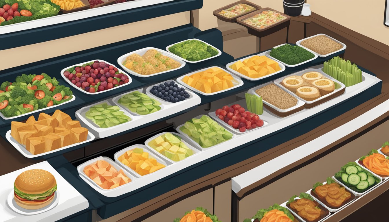 A corner bakery display with various healthy food options like salads, sandwiches, and fruit bowls, neatly arranged on a wooden counter