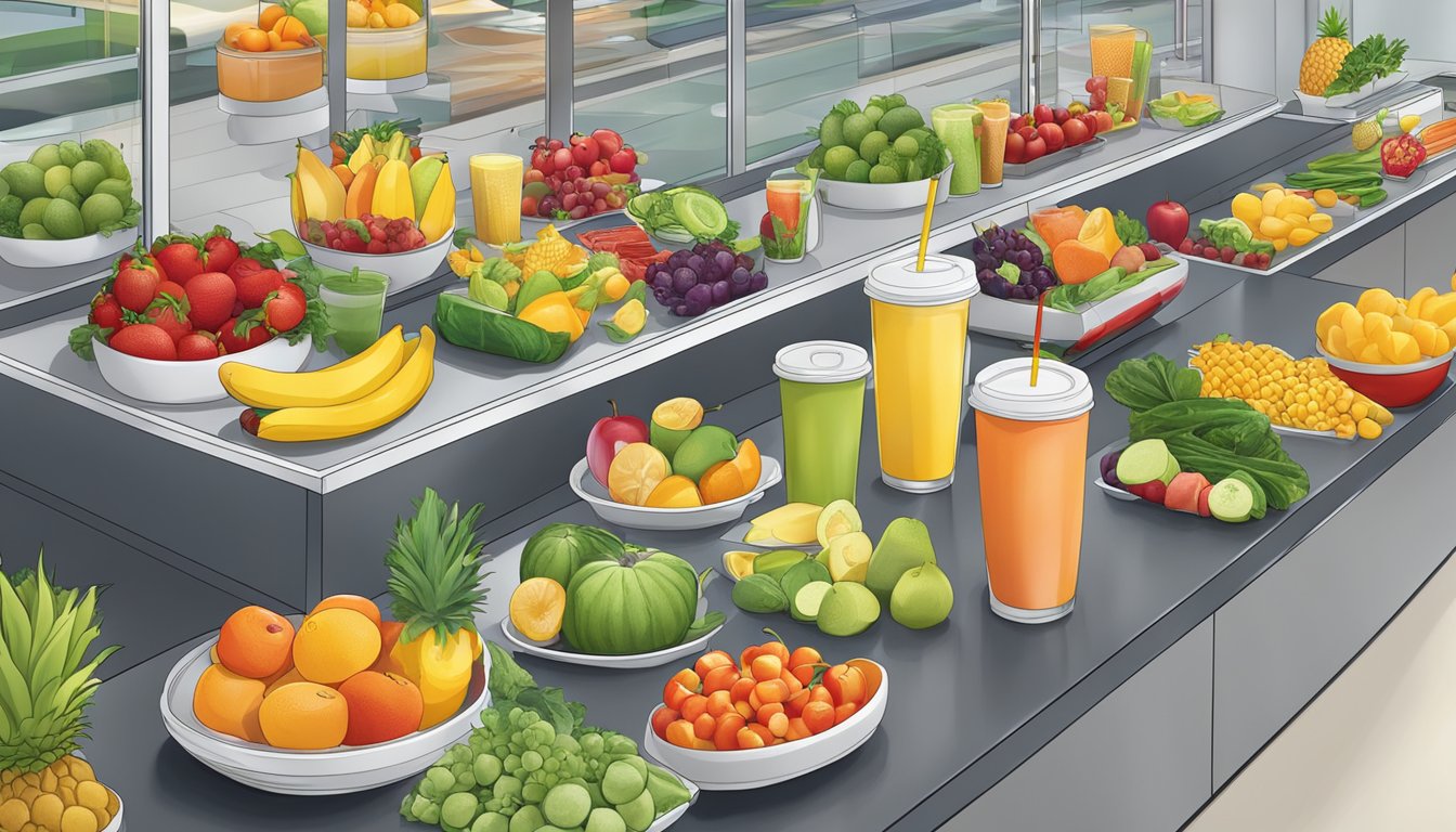 A colorful array of fresh fruits, vegetables, and smoothies displayed on a clean, modern counter at a McDonald's restaurant