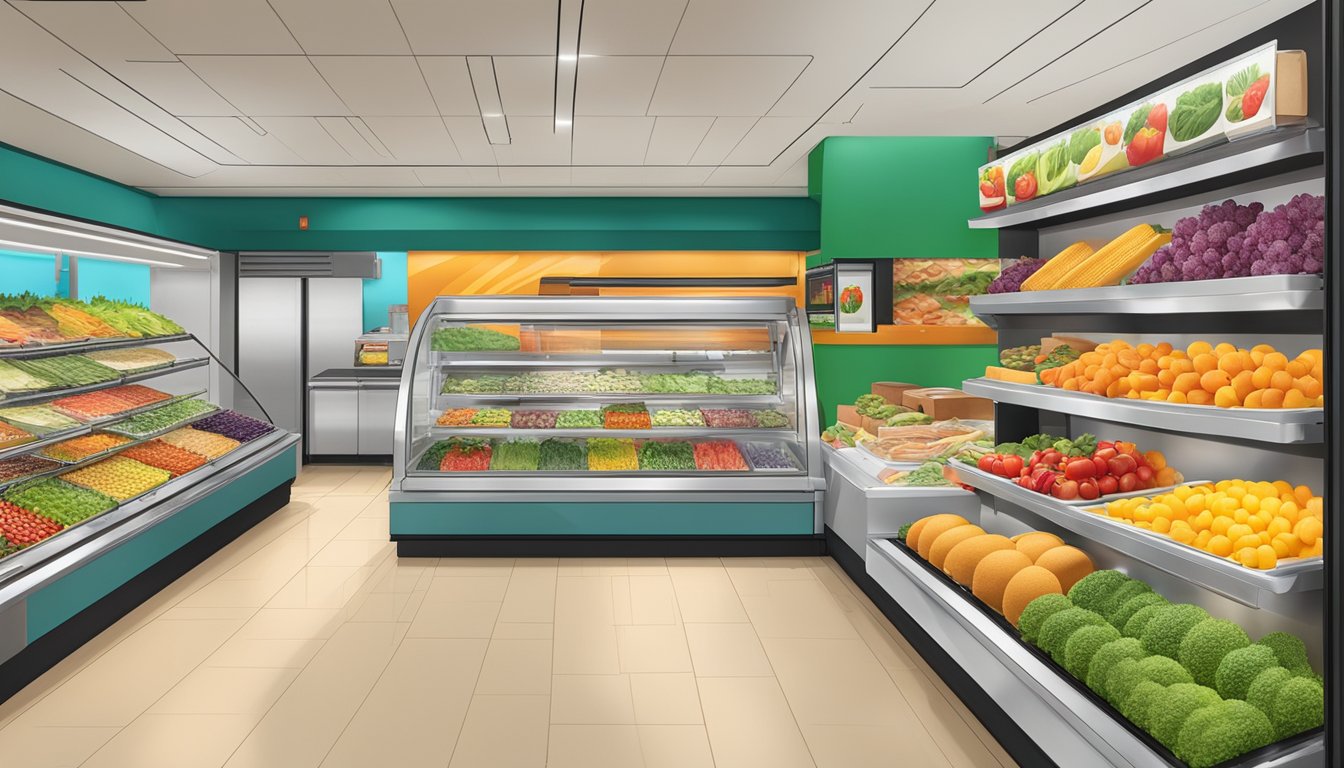 A colorful array of fresh fruits and vegetables fills the display case, while vibrant salads and grilled chicken sandwiches are featured on the menu board at McDonald's in 2023