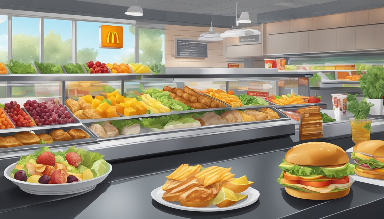 A colorful display of fresh fruits, salads, and grilled chicken sandwiches at a McDonald's counter