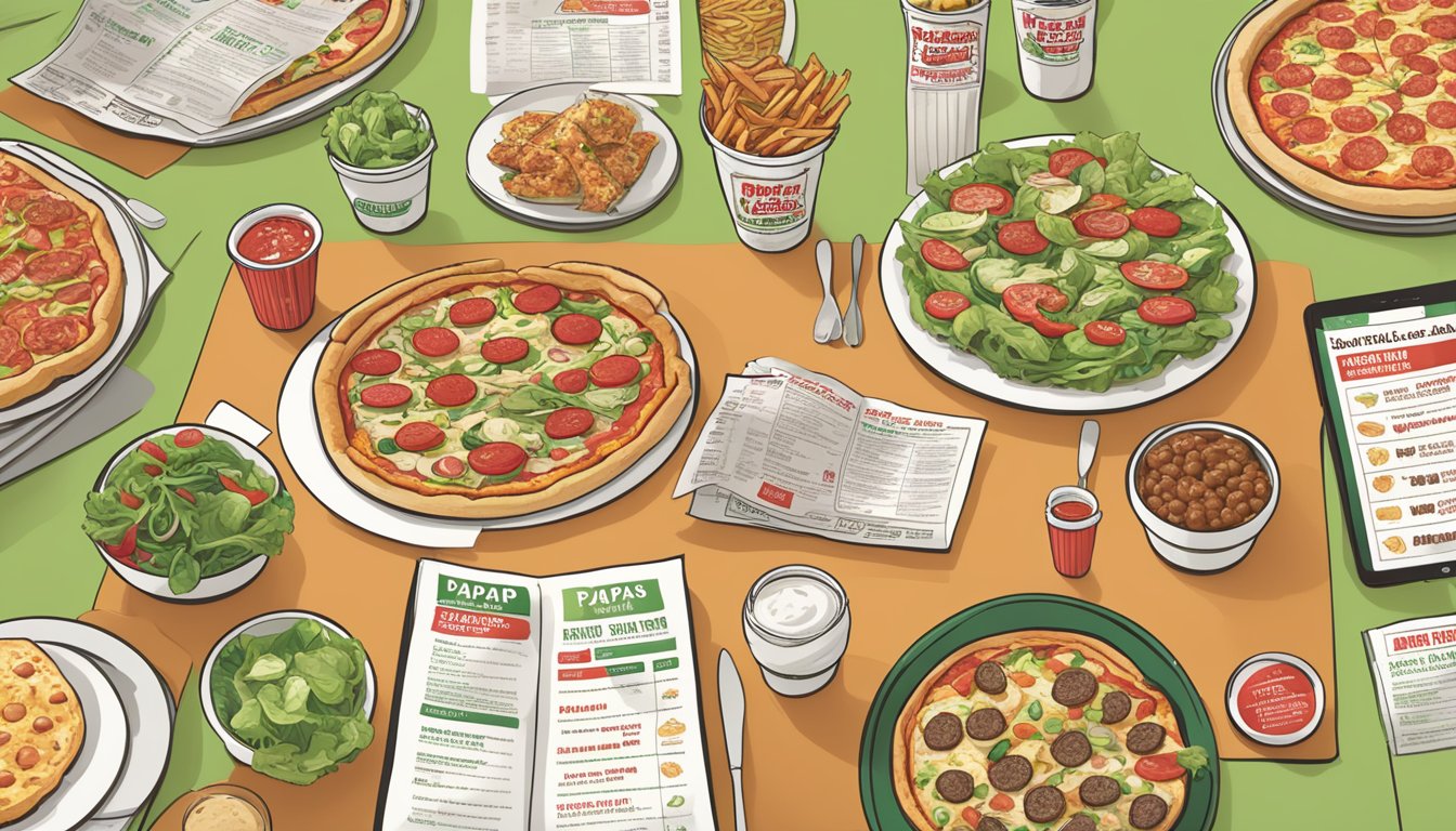 A table with a variety of Papa John's menu items, including pizzas, salads, and sides, with clear and easy-to-read nutritional information displayed next to each item