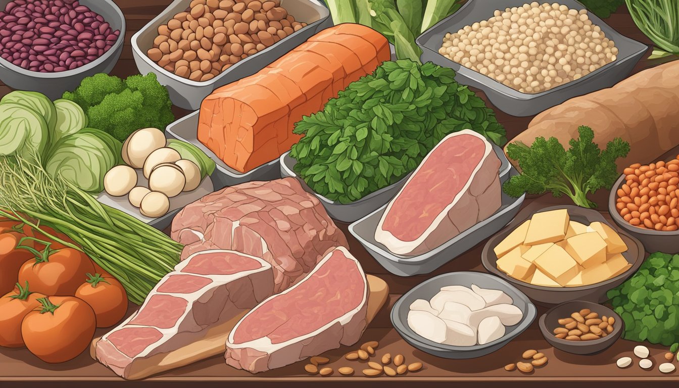 A variety of lean meats, tofu, and legumes displayed on a counter with fresh vegetables and grains in the background