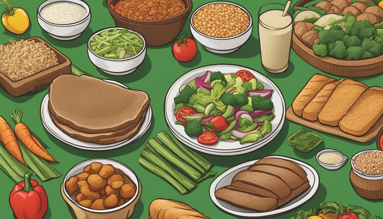 A table with a variety of fresh vegetables, lean meats, and whole grain crusts, alongside a menu featuring "Special Dietary Requirements" options at Papa John's