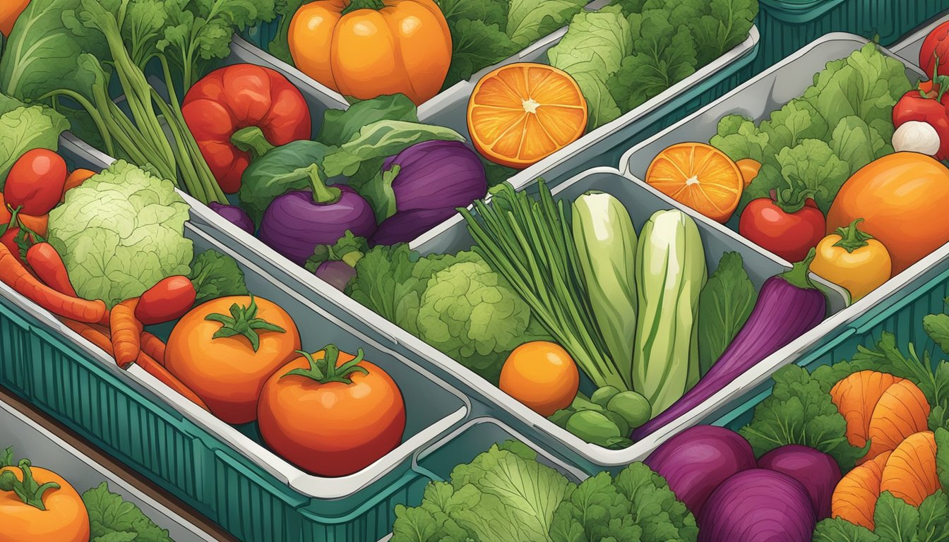 A colorful array of fresh vegetables arranged on a takeout container, including vibrant greens, reds, and oranges