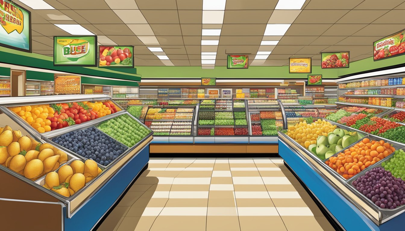 A variety of fresh fruits, salads, and pre-packaged healthy snacks neatly displayed in a brightly lit section of the Buc-ee's store