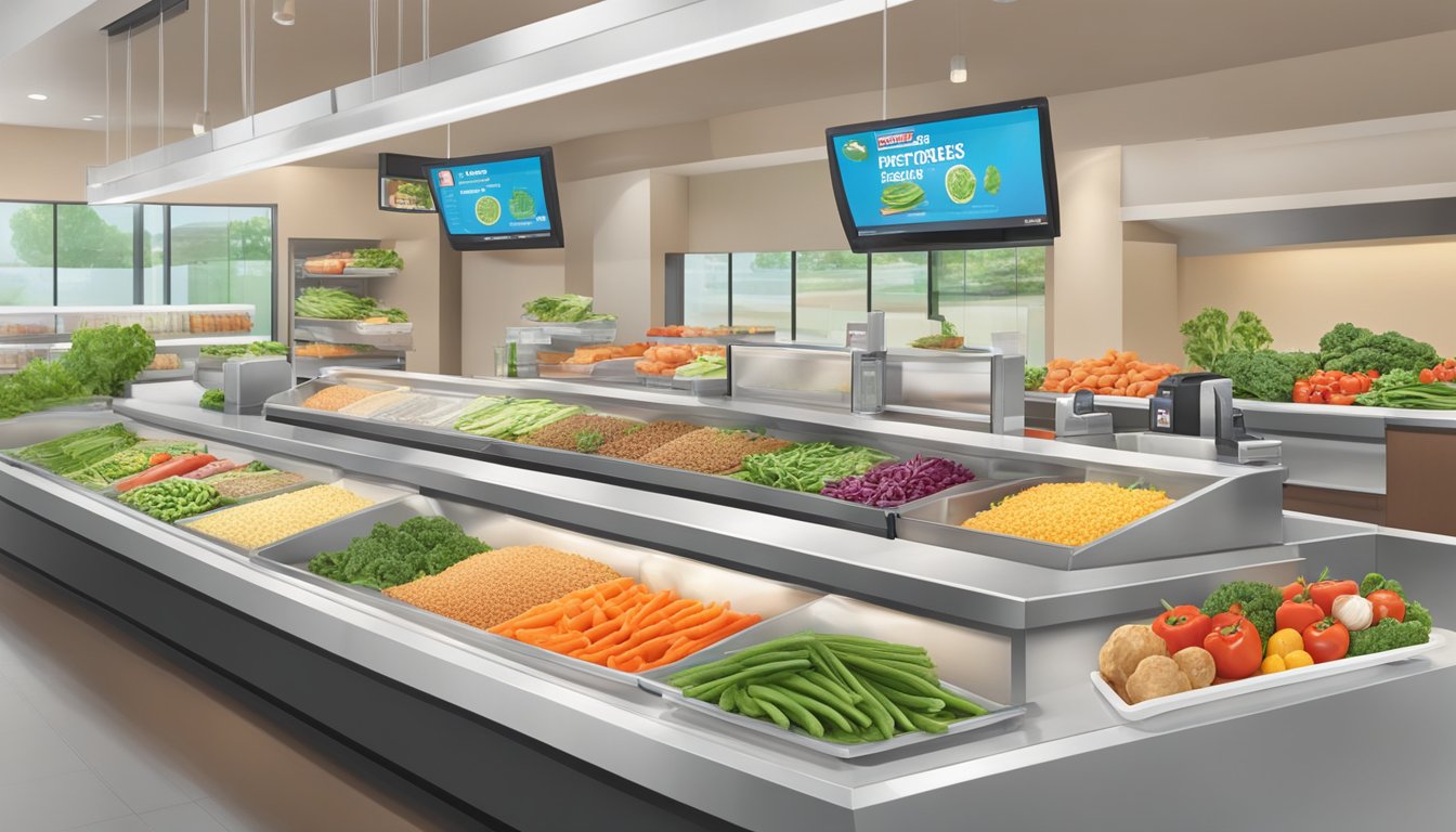 A colorful array of fresh vegetables and lean protein options displayed on a clean, modern counter at a Papa John's restaurant