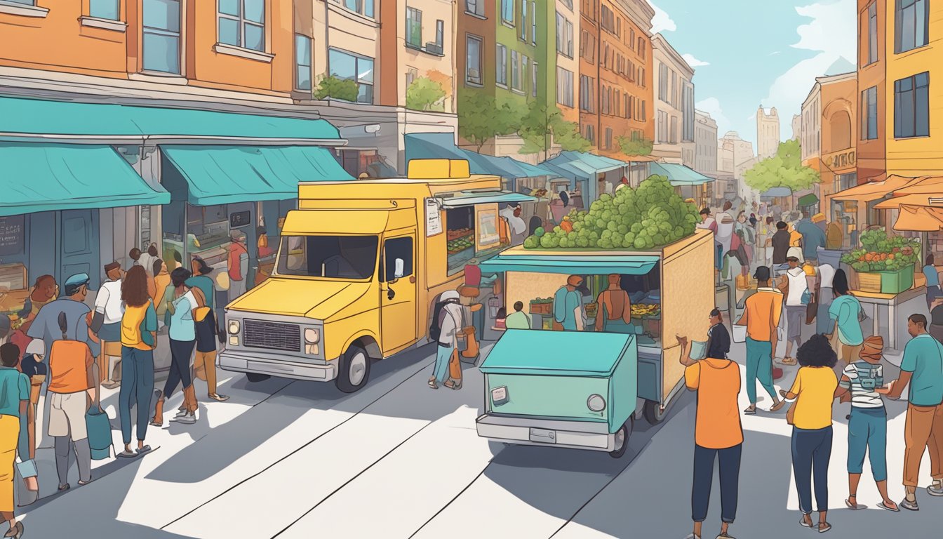 A bustling city street with diverse food trucks offering fresh, colorful, and healthy takeout options. Customers eagerly line up to try the latest savvy swaps and modifications