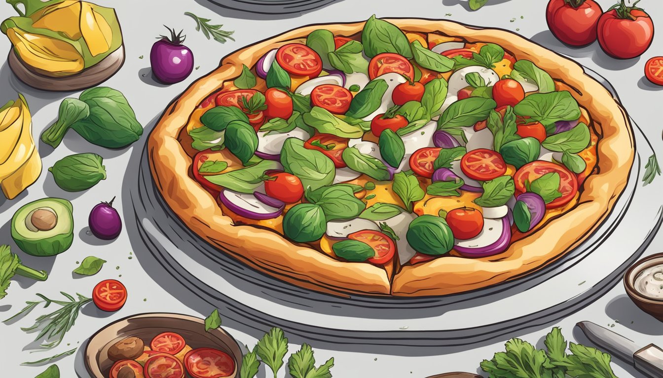 A colorful pizza surrounded by fresh vegetables and herbs, with a Beyond Meat topping