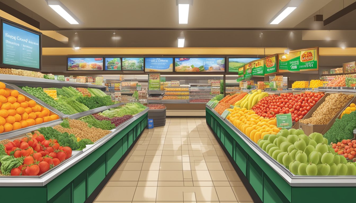 A colorful display of fresh fruits and vegetables, granola bars, and yogurt cups at Buc-ee's, with a prominent "Healthy Options" sign above the section