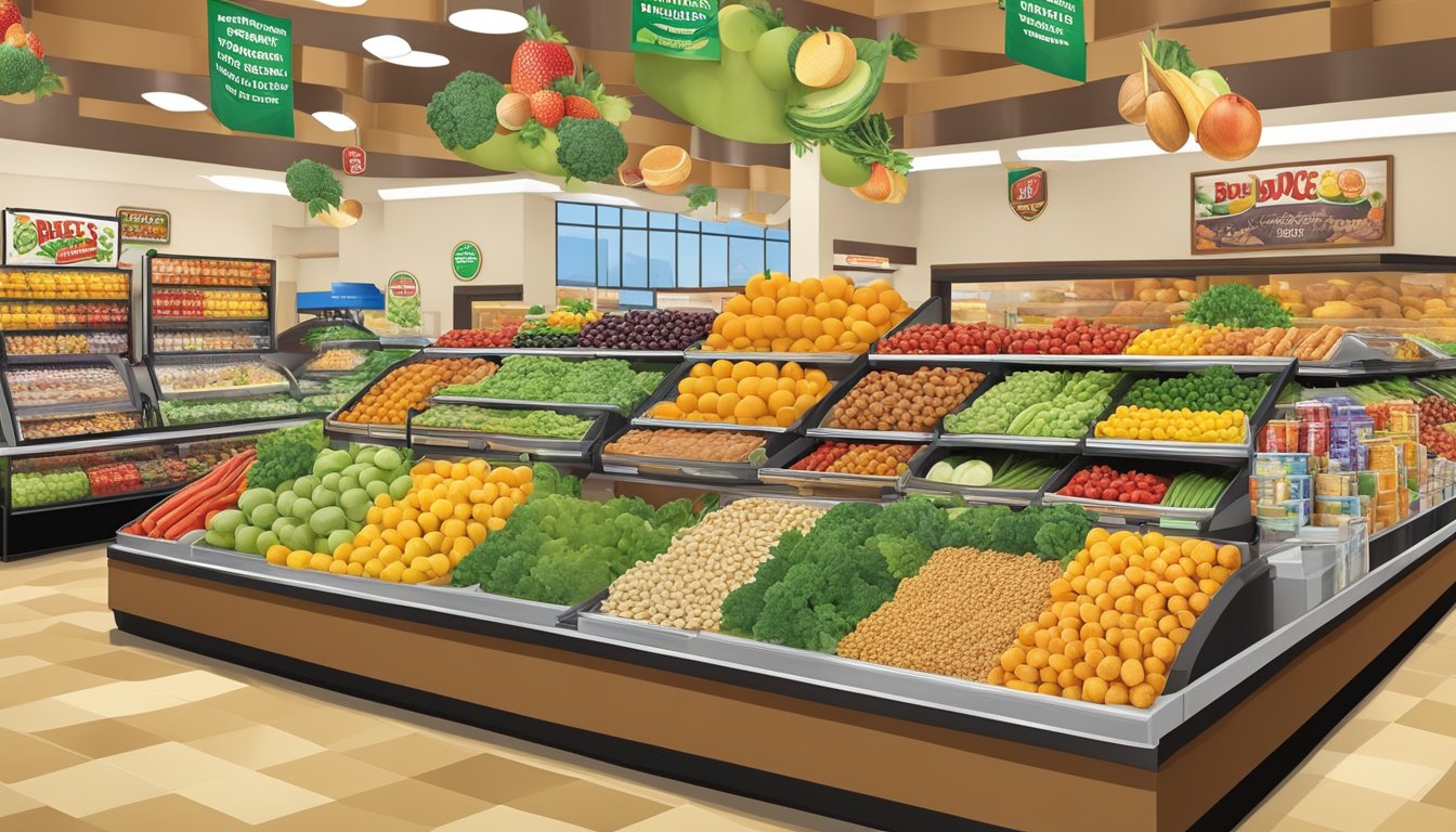 A colorful display of fresh fruits, vegetables, and nuts alongside a variety of healthy snack and meal options at Buc-ee's