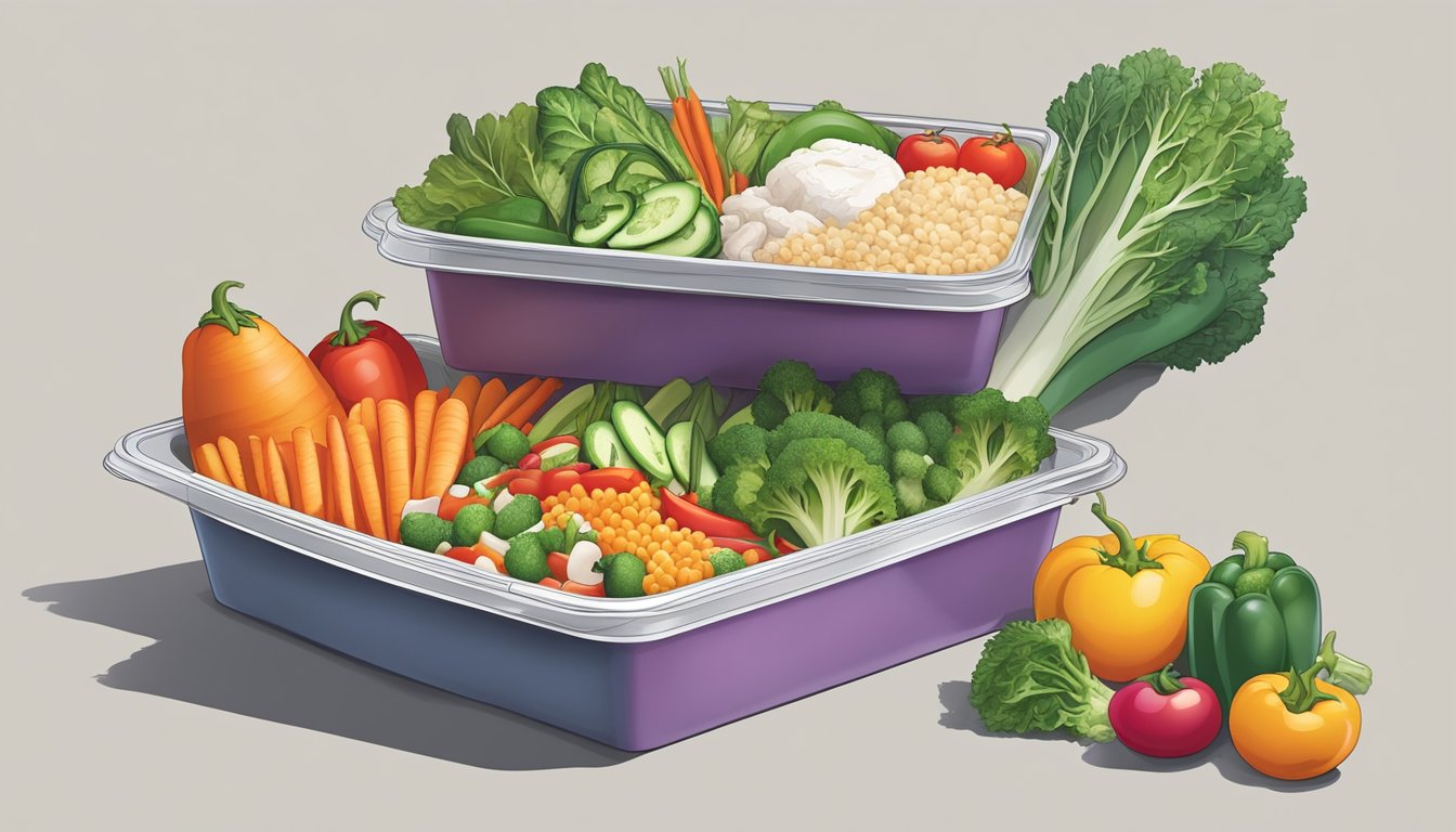 A colorful array of fresh vegetables and lean proteins arranged on a clean, modern takeout container