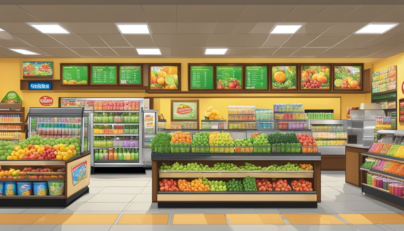 A colorful display of fresh fruit smoothies, green juices, and herbal teas at Buc-ee's, surrounded by vibrant signage and a bustling atmosphere