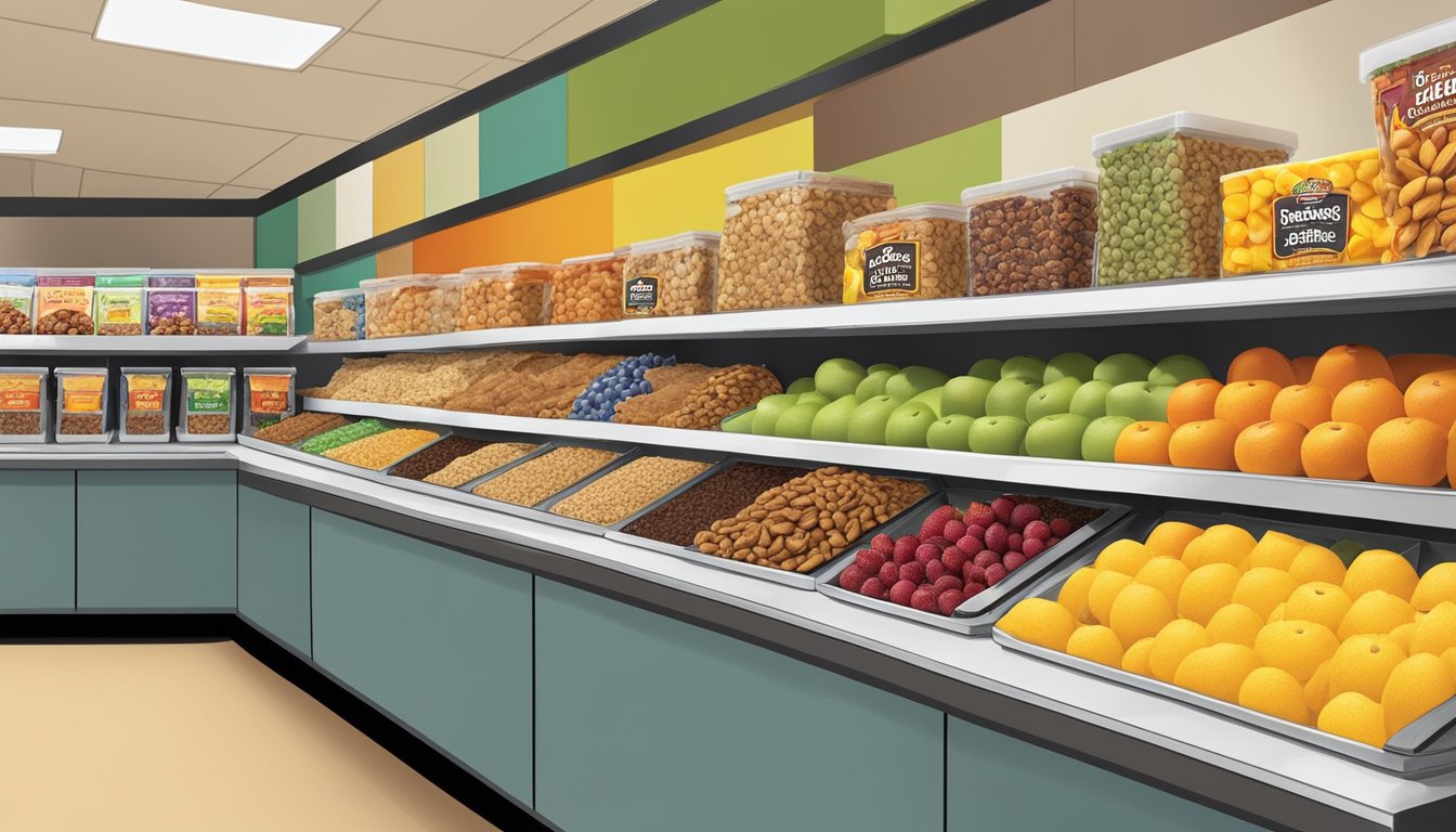 A colorful display of fresh fruits, nuts, and granola bars arranged on a clean, organized shelf at Buc-ee's, with a variety of healthy snacking options available for on-the-go customers