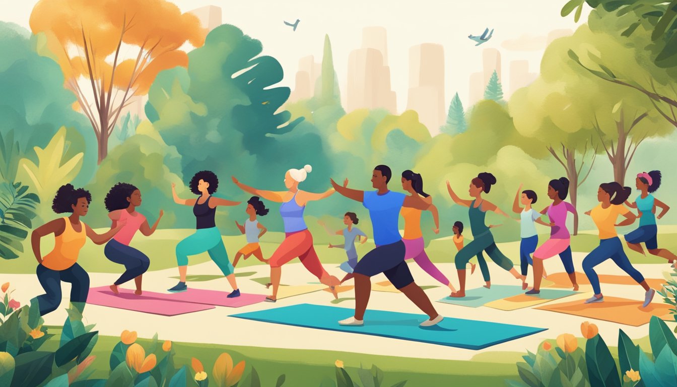 A diverse group of people of different ages and backgrounds engaging in various healthy activities such as yoga, running, and swimming in a vibrant outdoor setting