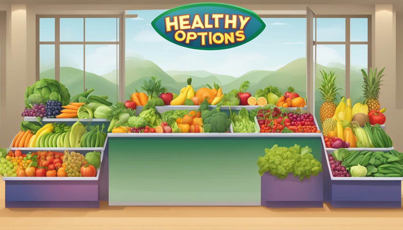 A colorful display of fresh fruits and vegetables arranged in an inviting manner, with a sign promoting the Healthy Options Program