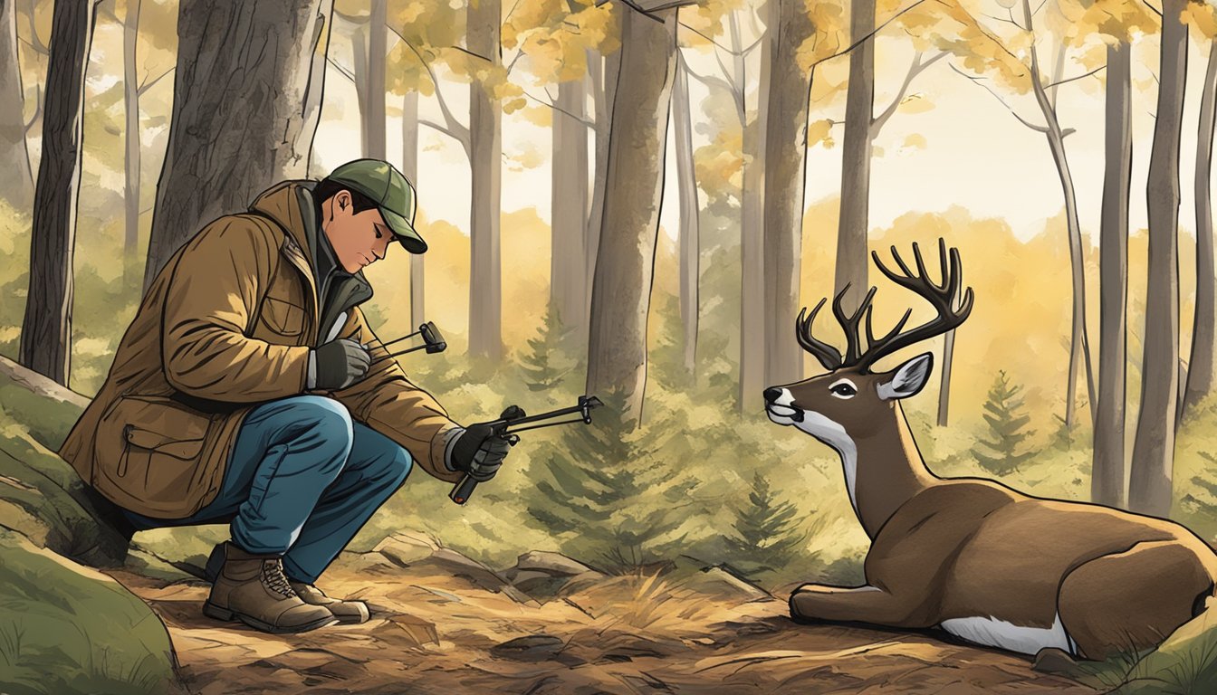 A hunter setting up a decoy deer in a wooded area, carefully positioning it to lure in real deer for hunting