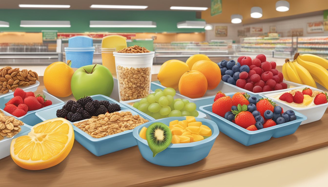 A colorful display of fresh fruits, yogurt parfaits, and granola bars at Buc-ee's breakfast section