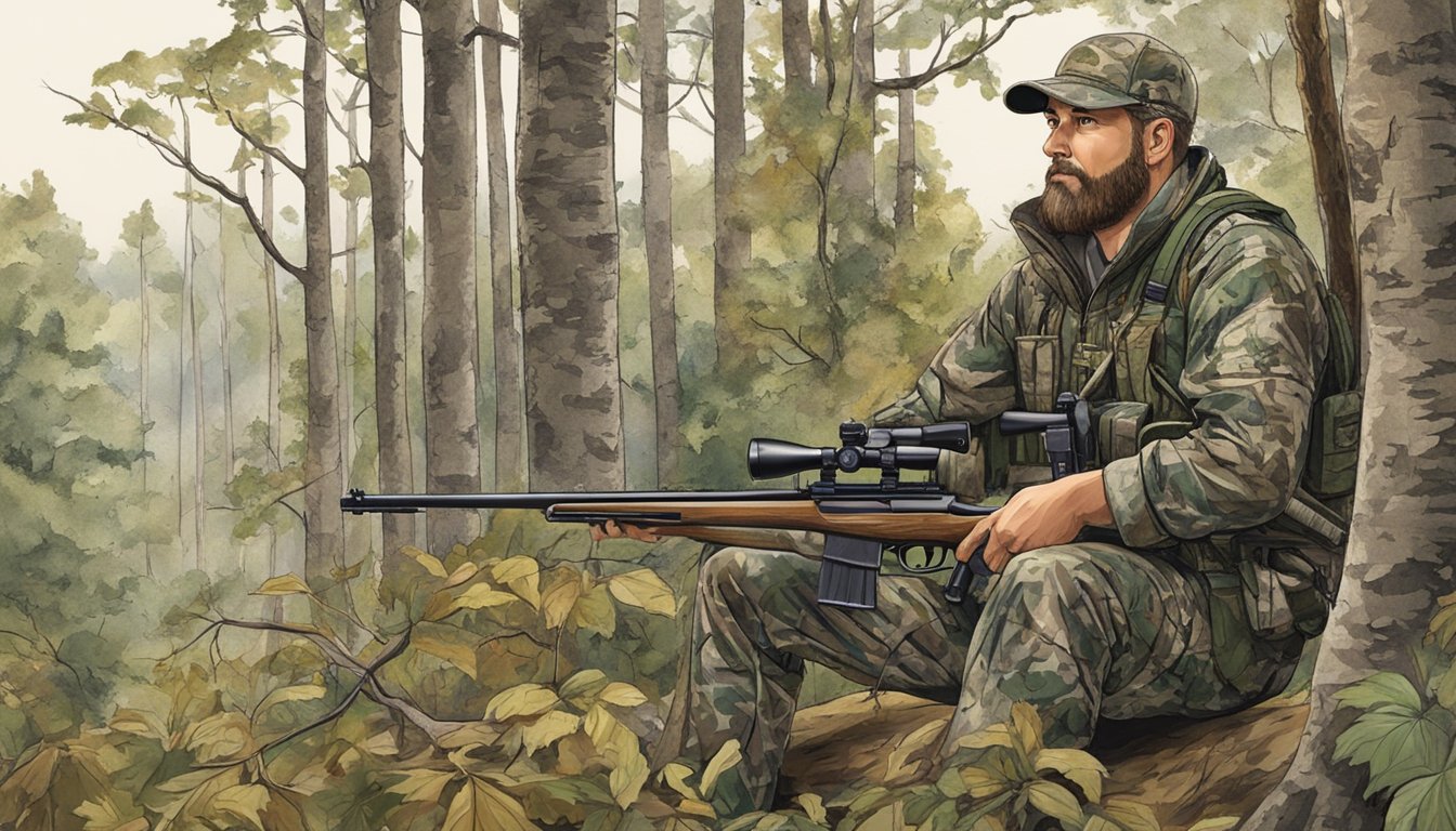 A hunter in camouflage waits in a tree stand overlooking a wooded area, with a rifle at the ready