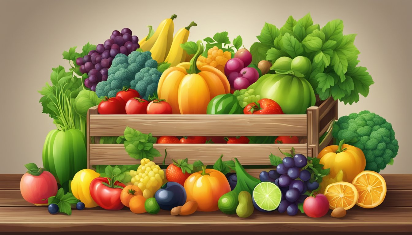 A colorful array of fresh fruits and vegetables overflowing from a rustic wooden crate, with vibrant green leaves and ripe, juicy produce