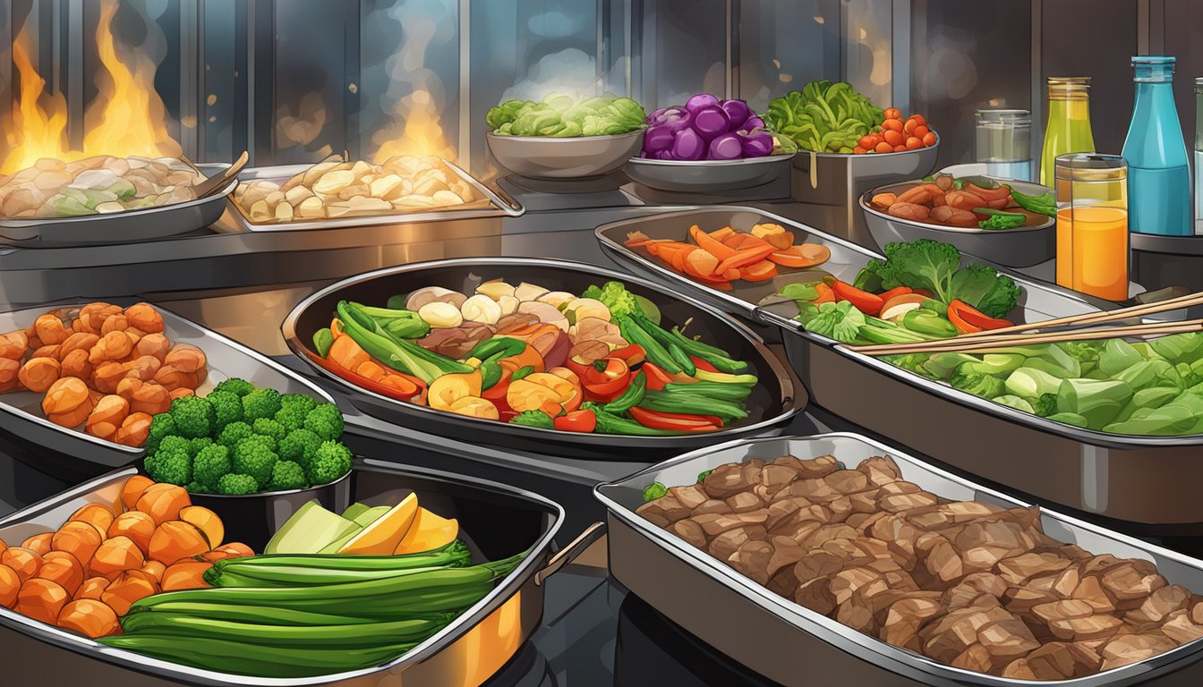 A colorful array of fresh vegetables and lean protein sizzling on a grill in a bright and modern teriyaki restaurant