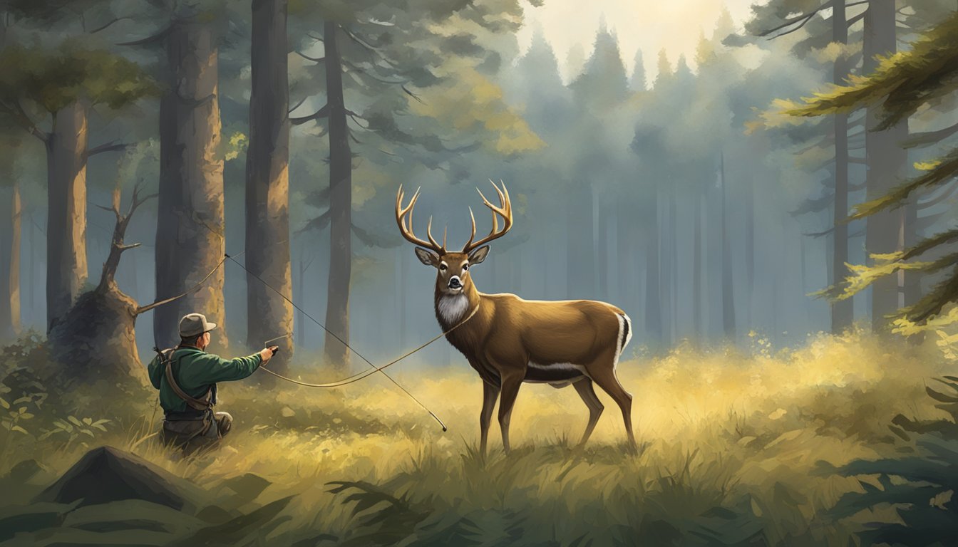 A hunter's hand pulling back a bowstring, aiming at a deer in a forest clearing