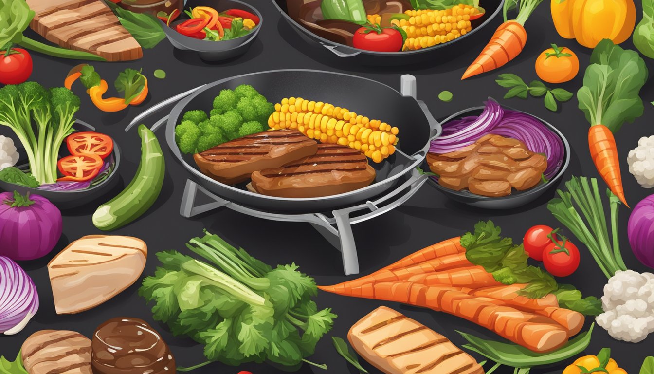 A colorful array of fresh vegetables and lean protein sizzling on a hot teriyaki grill