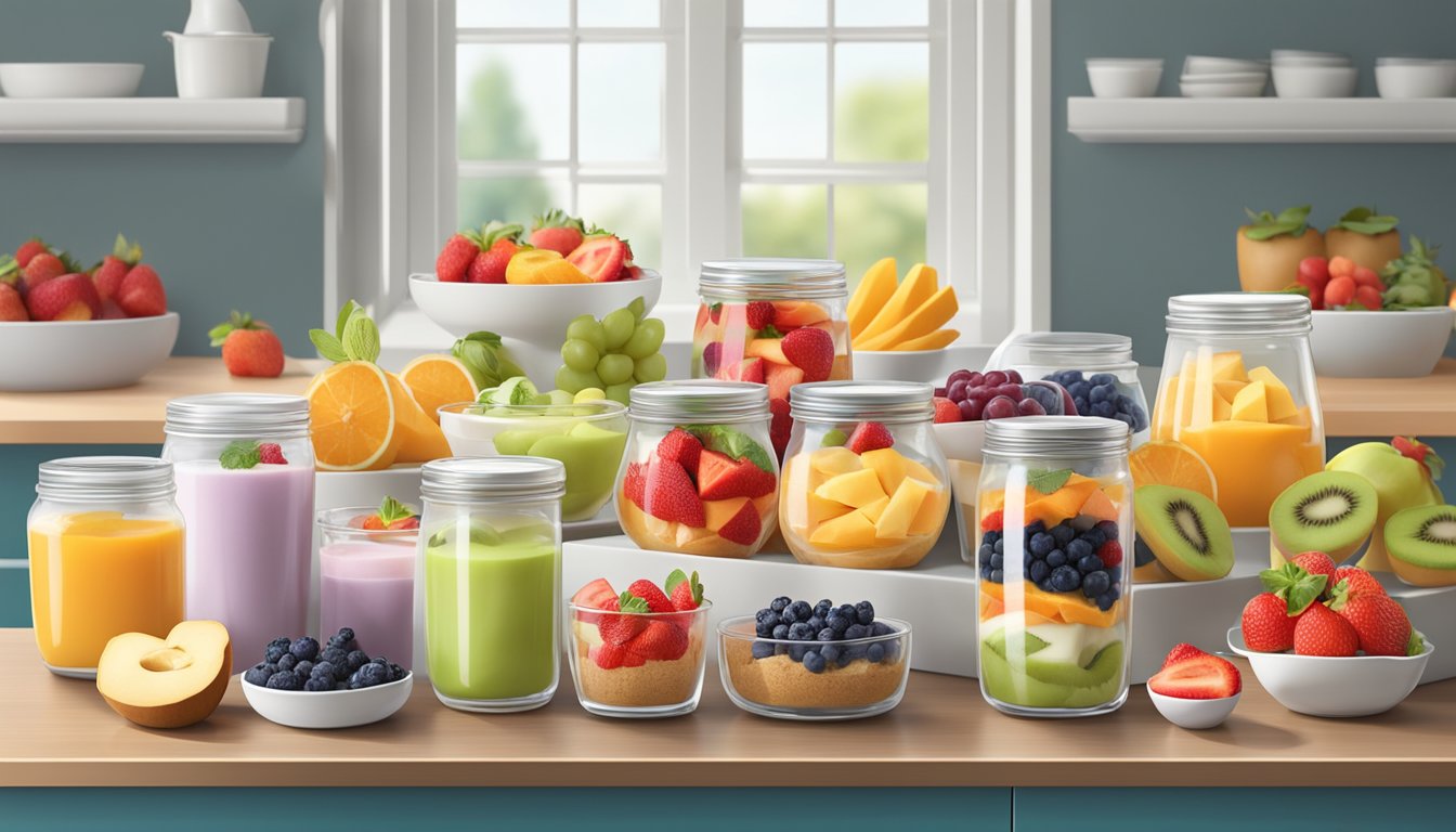 A colorful array of fresh fruits, whole grain bagels, and yogurt parfaits displayed on a clean, modern counter