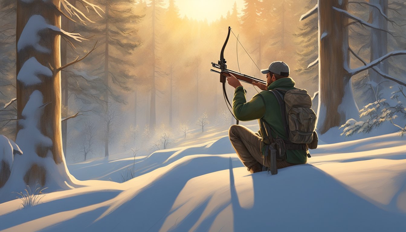 A hunter silently draws back their bow, aiming at a majestic whitetail deer grazing in a peaceful forest clearing. The early morning sun casts a warm glow on the scene