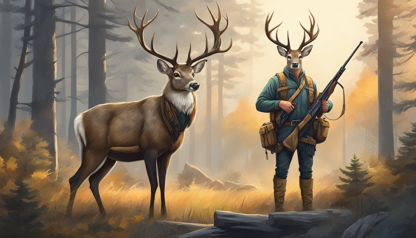 A majestic deer with antlers stands in a forest clearing, surrounded by hunting gear and rifles, with a bold and powerful stance