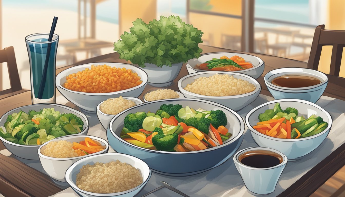 A table set with colorful stir-fried vegetables, steamed brown rice, and a variety of refreshing non-alcoholic beverages at a bustling teriyaki restaurant