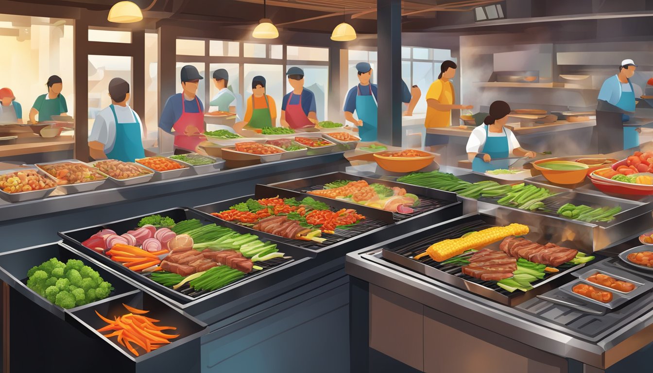 A colorful array of fresh vegetables and lean meats sizzling on a hot grill at a bustling teriyaki restaurant