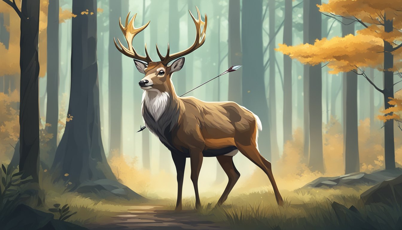 A majestic deer with antlers standing in a forest clearing, with a bow and arrow in the background