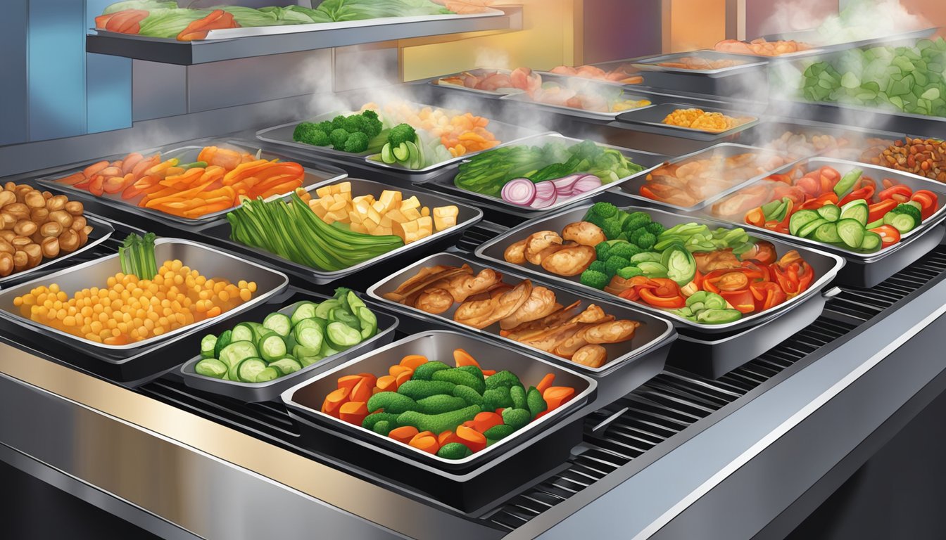 A colorful array of fresh vegetables and lean proteins sizzling on a hot grill at a bustling teriyaki restaurant