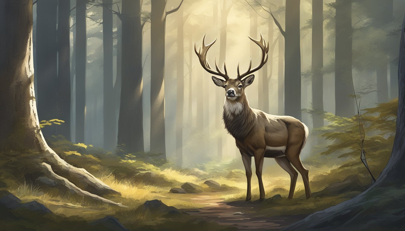 A majestic deer standing in a forest clearing, with a hunter's bow and arrow in the foreground