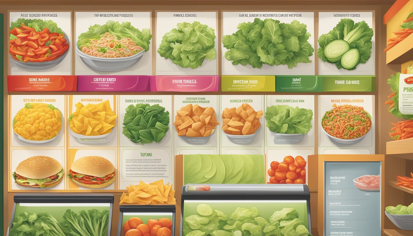 A colorful array of fresh vegetables and lean protein options displayed on a menu board at a Del Taco restaurant