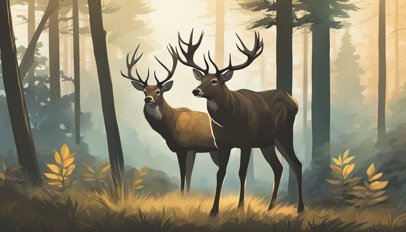 A deer standing majestically in a forest clearing, with a hunter's silhouette in the background