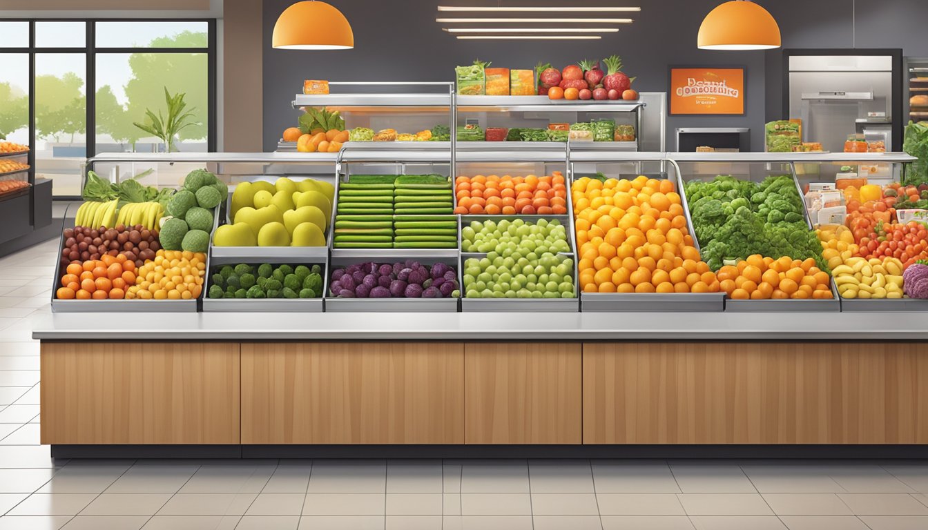 A colorful array of fresh fruits and vegetables displayed on a clean, modern counter at a Dunkin' Donuts store