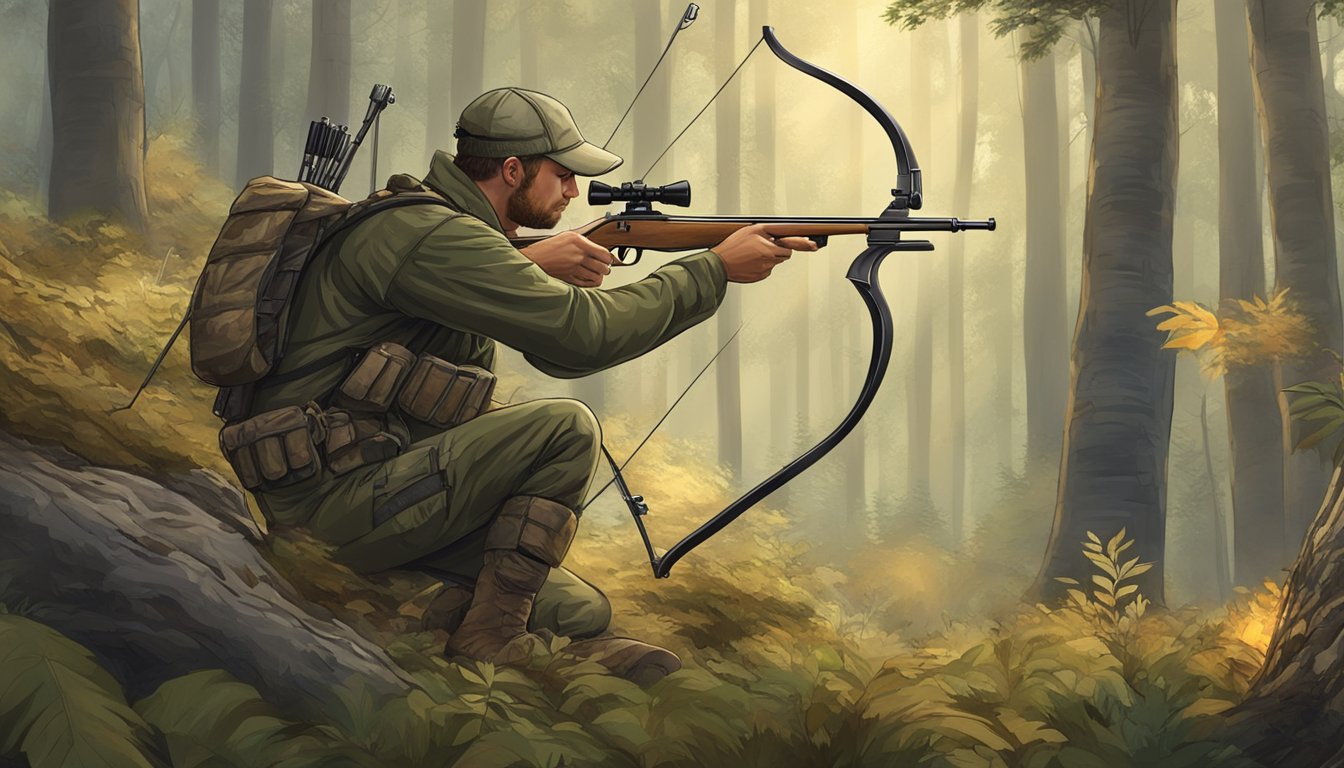 A hunter kneeling in the forest, aiming a bow at a distant deer. Surrounding trees and bushes create a natural camouflage