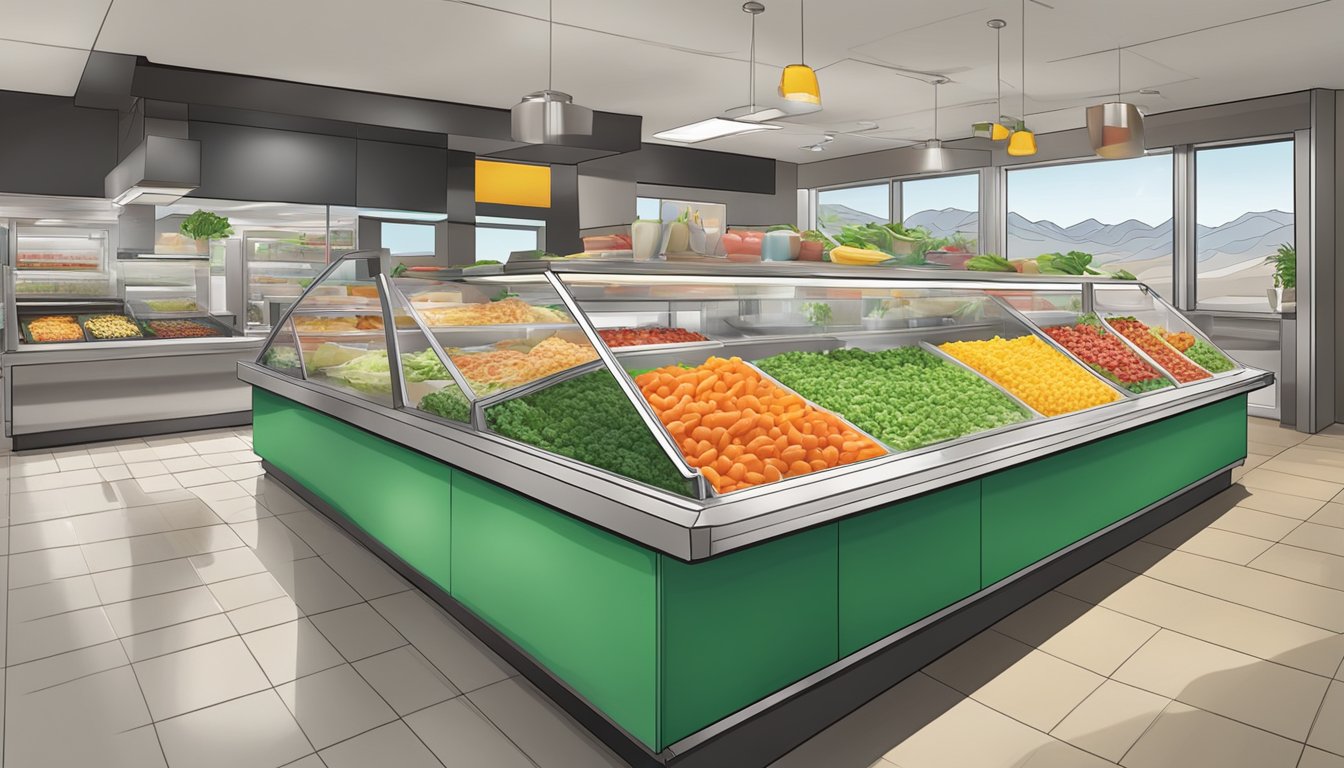 A colorful array of fresh vegetables and lean proteins displayed on a clean, modern counter at a Del Taco restaurant