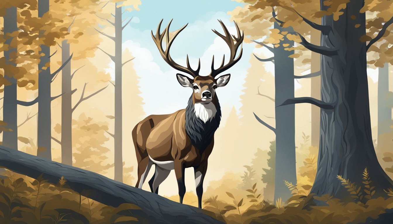 A majestic buck stands in a forest clearing, its antlers towering against the sky. Surrounding trees and foliage create a natural frame for the scene