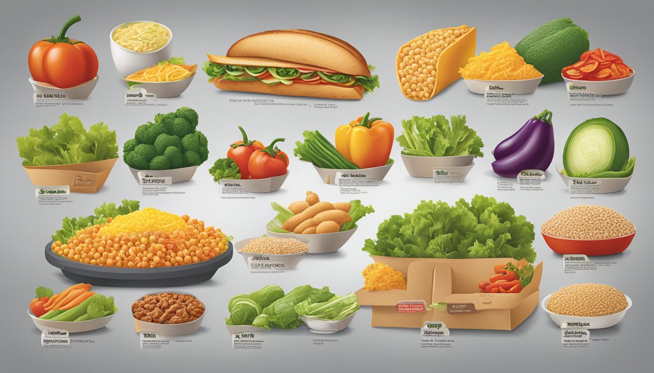 A colorful array of fresh vegetables, lean meats, and whole grain options displayed on a customizable menu board at Del Taco