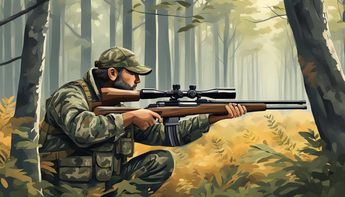 A deer hunter in camouflage aiming a rifle in a forest clearing